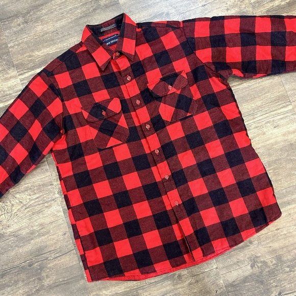 Vintage Van Heusen Winter weights Red Plaid Flannel Shirt Jacket Men XL Lined - Picture 1 of 10